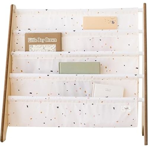 3 Sprouts Recycled Fabric Kids Bookshelf – 4-Tier Sling Book Rack Storage - Kids Room Book Shelves, Nursery, Playroom, Classroom - Bookcase Display Shelf for Toddler, Children Age 3+ - Terrazzo Cream