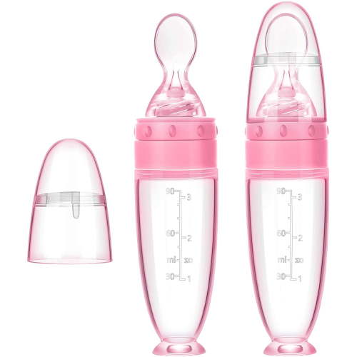 2 Pieces Baby Silicone Feeding Bottle Spoon Baby Food Feeder with Standing Base for Infant 0-24 Months Dispensing and Feeding