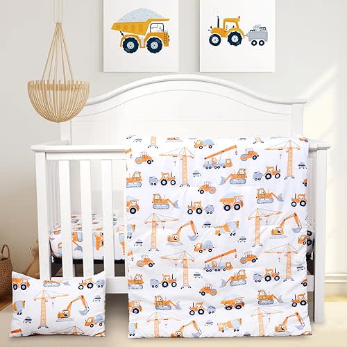 JISEN 3 Piece Crib Bedding Set Soft Baby Crib Bedding Set Construction Trucks Crib Comforter Set - Comforter Sheet Pillowcase Nursery Bedding Sets for Baby Girls or Boys