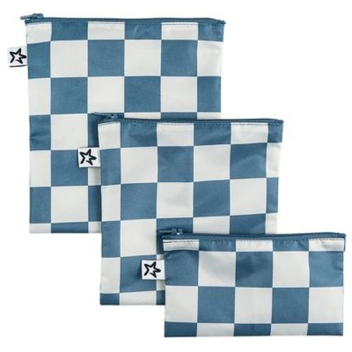Tiny Twinkle Reusable Snack Bags, Machine Washable, BPA-Free for Baby and Toddler Food (3-Pack, Blue Checkers)