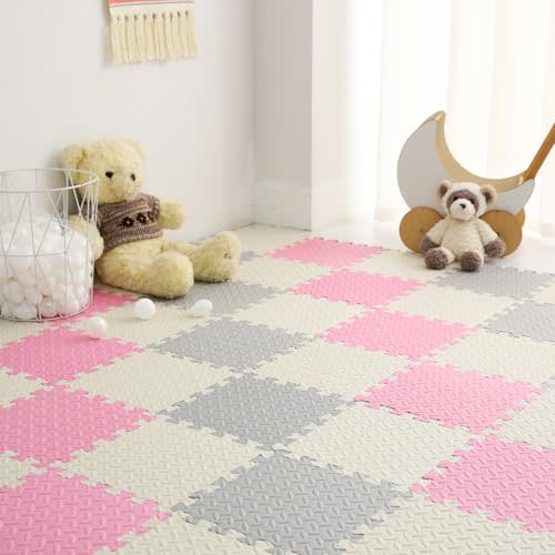 Tamiplay Foam Play Mat for Baby, 0.4 Inch Thick Foam Interlocking Floor Mats, Soft Non-Toxic Baby Playmat, Solid Colored Puzzle Play Mat Kids Floor Mats for Toddler, 16 Tiles(White/Light Gray/Pink)