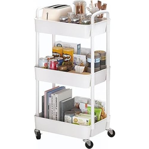 Sywhitta 3-Tier Plastic Rolling Utility Cart with Handle, Multi-Functional Storage Trolley for Office, Living Room, Kitchen, Movable Storage Organizer with Wheels, White