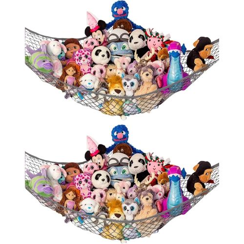 Lilly's Love Stuffed Animal Hammock | Corner Hanging Organizer, Stuffed Animal Storage | Easy to Hang Plushie Net w/Included Anchors & Hooks | Cute Room & Bedroom Decor (Gray, 2 Pack)