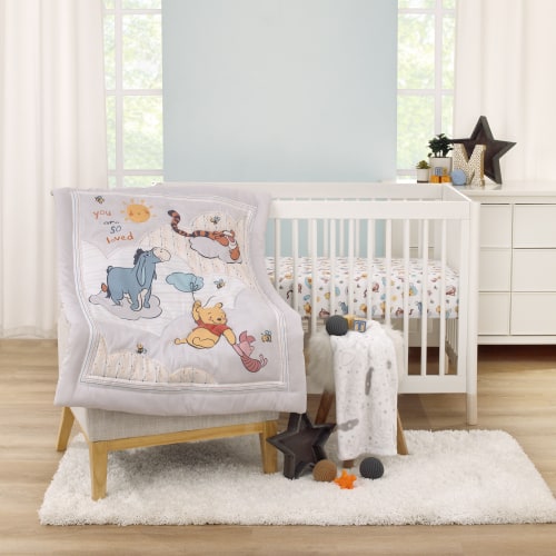 Disney Winnie the Pooh So Loved Crib Bedding Set, 3-Pieces, Gray, Blue, White, Unisex, Pooh, Tigger, Infant