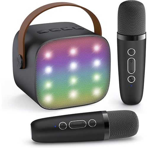 Mini Karaoke Machine with 2 Wireless Microphones for Kids Adults, Portable Bluetooth Speaker, 2025 Top Christmas Birthday Gift for Boys Girls 3, 4, 5, 6, 7, 8, 9, 10, 12+ Years Old Toddler (Black)