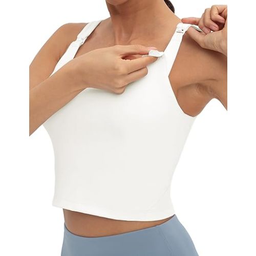 Foucome Womens Nursing Bras for Breastfeeding Maternity Tank Tops Crop Top with Built in Bra Longline Workout Sports Bra