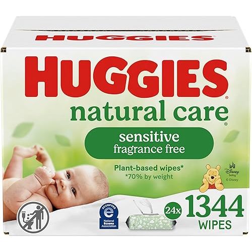 Sensitive Baby Wipes, Huggies Natural Care Baby Diaper Wipes, Unscented, Hypoallergenic, 99% Purified Water, 24 Soft Pack (1344 Wipes Total)