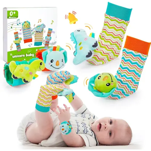 Baby Infant Rattle Socks, 3 4 5 6 Month Old Baby Toys Wrist Rattles for Babies 0-6 Months Newborn Baby Learning Sensory Toys 3-6 Months Brain Development Toys Baby Boy Shower Gifts Dinosaur
