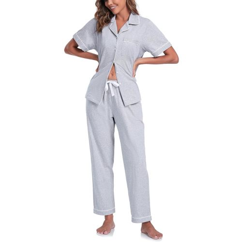 Women's 100% Cotton Pajama Set Button Down Sleepwear Short Sleeve Shirt and Long Pants Soft ladies Lounge Sets