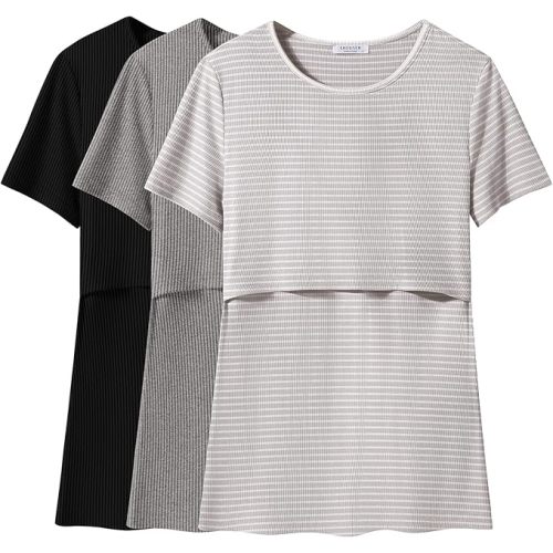 Ekouaer Womens Nursing Tops 3 Pack Short Sleeve Ribbed Breastfeeding Shirts Double Layer Maternity Shirt Pregnancy Clothes