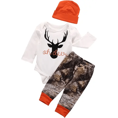 Newborn Baby Boys Long Sleeve Letters Deer Romper Bodysuit Pants Hat Outfit Clothes Set