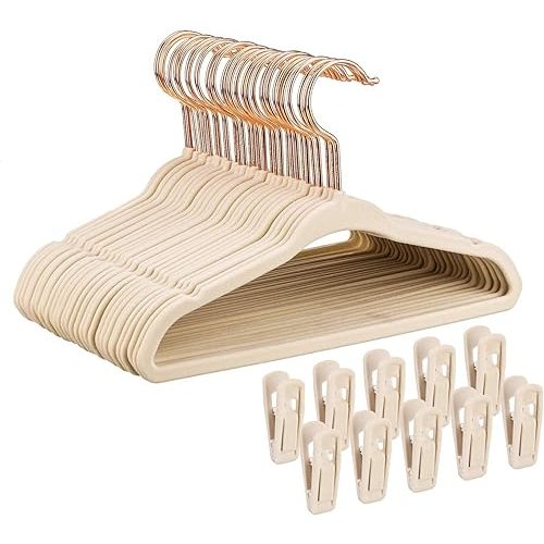 Baby Velvet Hangers 50 Pack - 11" Inch Premium Non Slip Kids Felt Hangers for Clothes - Ultra Thin Baby Felt Hangers for Toddler Kids' Closet with 10 Hanger Clips - Beige