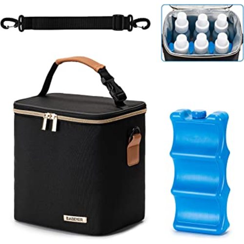 Breastmilk Cooler Bag with Ice Pack Fits 6 Baby Bottles Up to 9 Ounce, Baby Bottle Bag with Shoulder Strap for Nursing Mom Daycare, Black