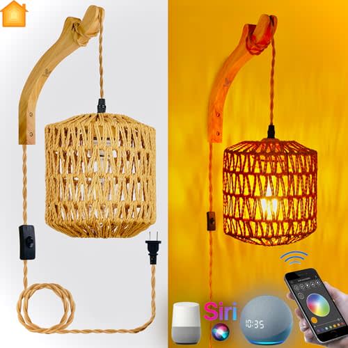 MUFA Rustic Wicker Pendant Lamp – Smart Lamp – Rattan lamp, Hanging Wall Fixture & Ceiling Light, Handcrafted Elegance, Siri, Alexa, Google Compatible, Adjustable Lighting+Installation Screwdriver