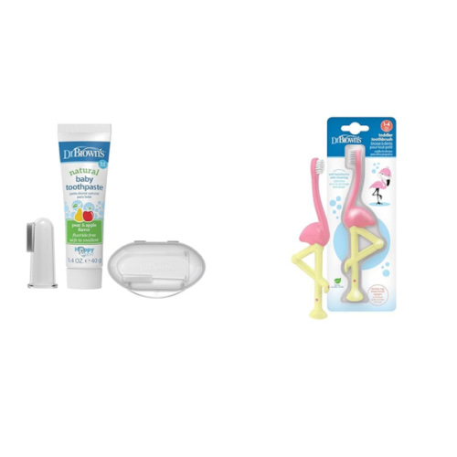 Dr. Brown's 100% Silicone Baby Finger Toothbrush and Toothpaste Set & Baby and Toddler Toothbrush, Flamingo 1-Pack, 1-4 Years
