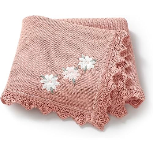 LAWKUL Baby Blanket 100% Traceable Cotton Knit Receiving Blankets Infant Swaddle for Newbron Boy Girls 40"x30" Pink Floral