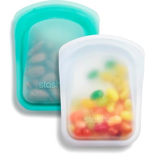 Stasher Premium Silicone Reusable Food Storage Pocket Bags, 2-Pack, Clear + Aqua | Multi-Use Food Storage Bags, Lunch Bag, Travel Containers | BPA Free, Leak-free, Dishwasher-Safe, Eco-friendly, 4 Oz