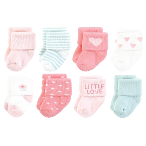 Hudson Baby Baby Infant Girl Cotton Rich Newborn and Terry Socks, Little Love, 0-6 Months, Pink