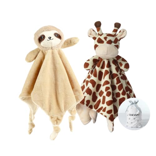 CREVENT Cozy Plush Baby Security Blanket, Loveys for Baby Girls and Boys, Birthday (Giraffe + Sloth)