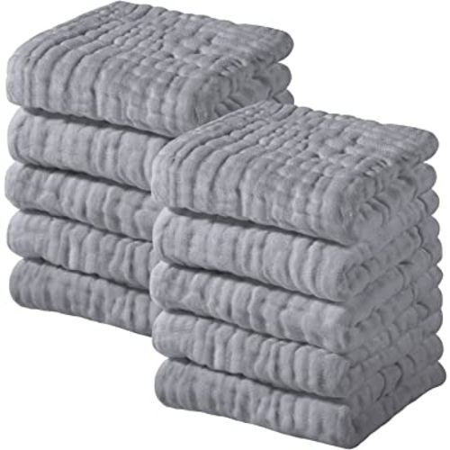 Yoofoss Muslin Baby Washcloths 100% Cotton Face Towels 10 Pack Wash Cloths for Baby 12x12in Soft and Absorbent Baby Wipes (Grey)