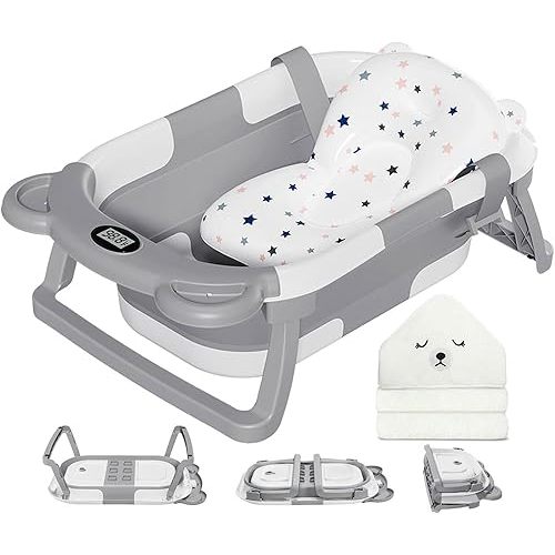 MoreFeel Collapsible Baby Bathtub for Newborn with Thermometer & 1 Hooded Towel & 1 Soft Floating Cushion,Portable Travel Bathtub with Drain Hole, Durable Foldable Baby Tubs for Infants to Toddler