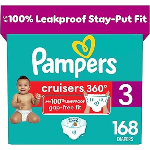 Pampers Cruisers 360 Diapers - Size 3, One Month Supply (168 Count), Pull-On Disposable Baby Diapers, Gap-Free Fit