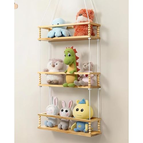 Gronda Stuffed Animal Storage 3 Tier Hanging Toy Organizer Adjustable Stuffies Animals Hammock Plush Holder Nursery Decor Wooden Floating Shelf for Kids Room Bedroom Living Room Nursery