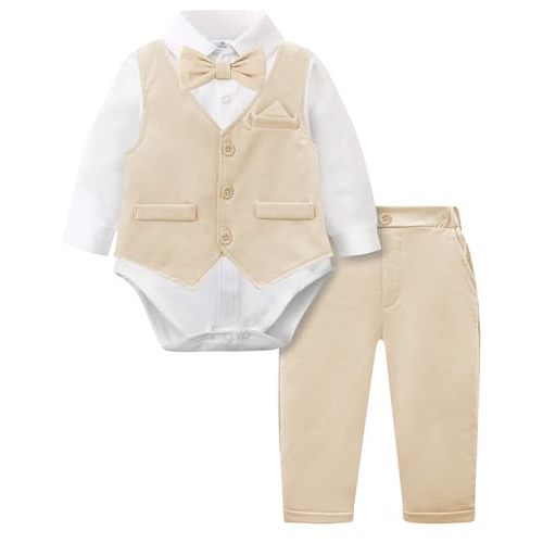 A&J DESIGN Baby Boy Suits Clothes Infant Toddler Formal Gentleman Outfits, Dress Shirt + Vest + Bow Tie + Pants Wedding Set