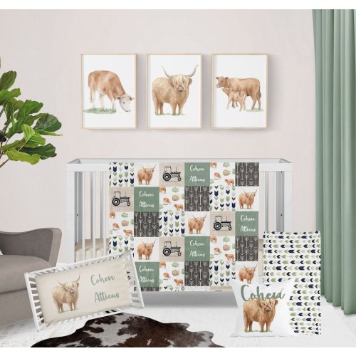 Baby Boy Crib Bedding Set, Highland Cow Nursery Theme, Sage Green Farm Personalized Bedding, Baby Shower Gift