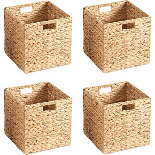 11x11x11 Wicker Storage Basket Set of 4, Water Hyacinth Woven Basket with Handles, Wicker Cube Storage Bins for Shelves, Foldable Square Storage Cubes for Living Room Bedroom Organizing, Natural