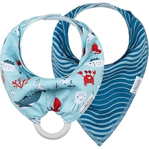 Dr. Brown's Bandana Bibs with Snap-On Removable Teether, Cotton Baby Bib with Soft Fleece Lining for Teething & Drooling, Sea Creatures/Waves, 2 Pack, 3m+
