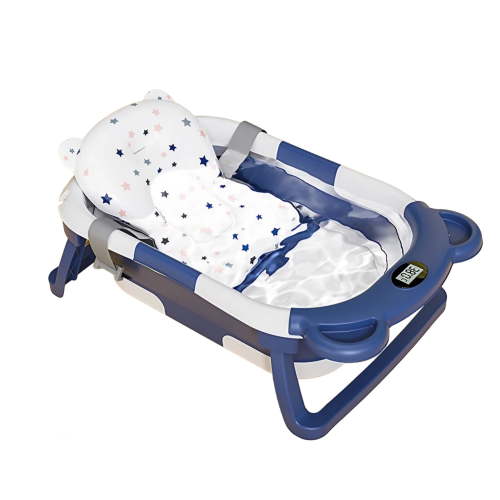 Double Folding Baby Bath Tub Set with Removable and Reusable Filter Net, Temperature Gauge and Soft Cushion, for Newborn 0-36 Months