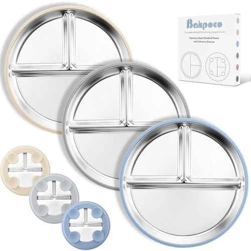 Stainless Steel Suction Plates for Toddlers, 9" Divided Kids Baby Plates with Removable Silicone Suction, Non Toxic Non Slip Portion Control Snack Dishes 3 Packs, Blue Gray Beige
