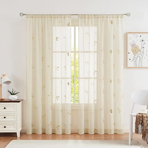 Jubilantex Butterfly Sheer Curtain Panels for Girls Nursery Bedroom, Toddler Gold Print Linen Textured Voile Farmhouse Rod Pocket Window Drapes 95 Inch for Kids Room, 2 Panels, Ivory/Beige