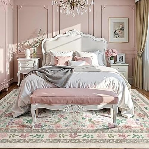 Deerly Boho Floral Area Rug 6x9 for Living Room Vintage Large Washable Non-Slip Bedroom Carpet Soft Low Pile Thin Floor Mat Indoor for Dining Room Playroom Nursery Farmhouse, Beige/Light Pink/Multi