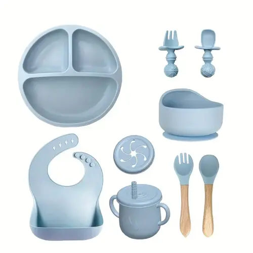 8pcs silicone feeding set grade tableware with bib suction plates bowls wooden handle spoon fork training cups for in cream - baby & maternity - temu Temu