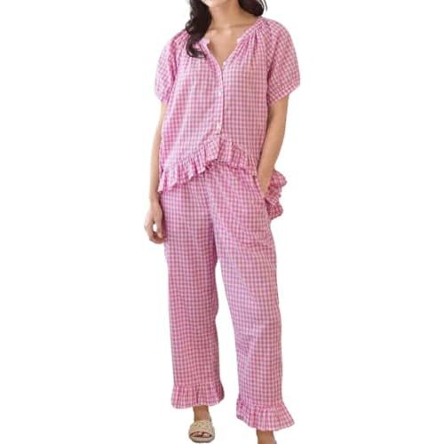 Womens Gingham Pajama Set 2 Piece Short Sleeve Babydoll Shirt and Pants Lounge Set Cute Sleepwear
