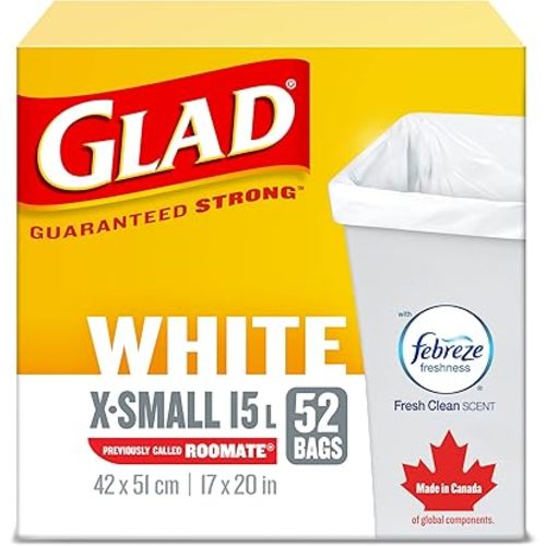 Glad White Garbage Bags - X-Small 15 Litres - Febreze Fresh Clean Scent, 52 Trash Bags, Made in Canada of Global Components