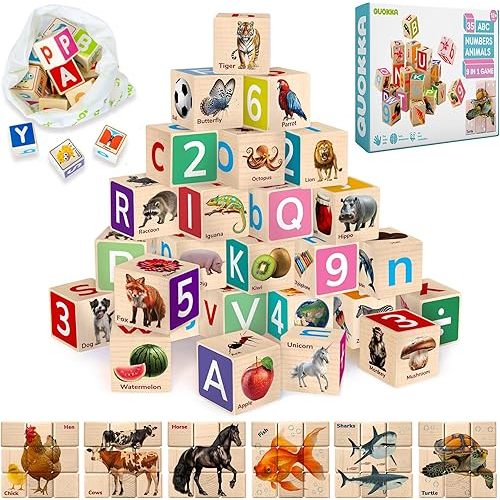 QUOKKA Montessori Wooden Blocks for Toddlers 1-3 - 35 Realistic ABC Learning Baby Blocks for Kids 3-5 Year Olds - Stacking Alphabet Wood Toys for 2-4 yo - Learn Letters Numbers