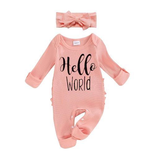 FIOMVA Im New Here Newborn Outfit Girl Long Sleeve Letter Romper Ribbed Knit Jumpsuit Baby Girl Preemie Coming Home Outfit