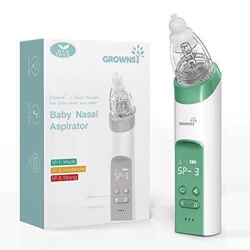 GROWNSY Nasal Aspirator for Baby, Electric Nose Aspirator for Toddler, Baby Nose Sucker, Automatic Nose Cleaner with 3 Silicone Tips, Adjustable Suctions, Music and Light Soothing Function (Green)