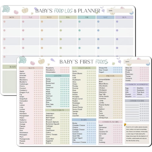 2 Pack Baby First Foods Tracker Fridge Magnet & Daily Food Log Meal Planner, Baby's First Food Checklist, 12"x8" Dry Erase Baby Foods Chart, 101 Foods Before 1 Checklist Magnet