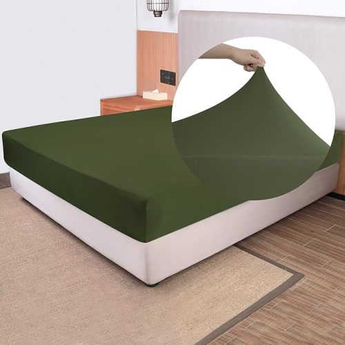 Soft Stretch Full Size Fitted Sheet Only - Jersey Knit & Cozy T-Shirt Like, 4-Way Stretchy Snug Fit & Wrinkle Free, No More Slipping Mattress Sheets - Dark Olive Green, Full