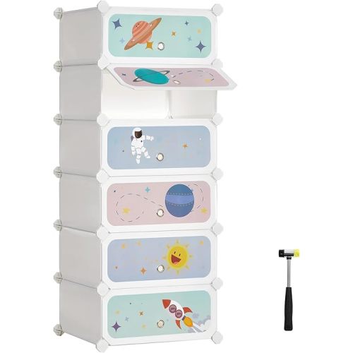 SONGMICS Kids' Shoe Rack with Doors, 6-Slot Stackable Storage Organizer, Plastic Wardrobe, Toys, Books, Clothes, 12.2 x 16.9 x 41.3 Inches, Cloud White ULPC904W01
