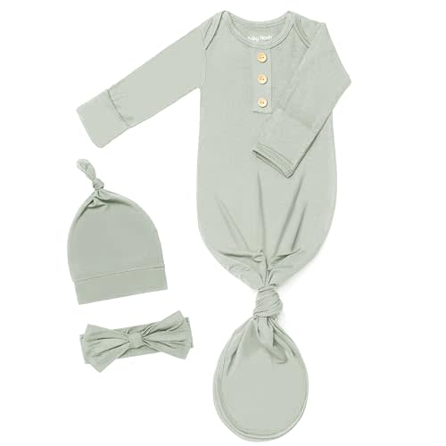 Newborn Baby Knotted Gown, Super Soft Silky Infant Sleeper, Baby Girl Sleep Gown with Mittens, Bow, and Hat Set[Light Tea Green,Newborn]