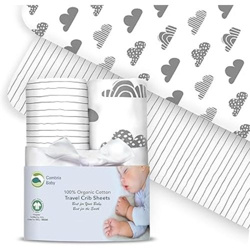 100% Organic Cotton Fitted Travel Crib Sheets, Perfectly Compatible with Guava Lotus, BabyBjorn, Dream On Me and All mattresses 22-26" Wide by 40-44" Long. Strap Holes in Corners. Cloud/Stripe