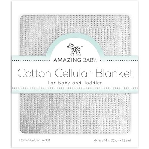 Amazing Baby Cellular Blanket, Premium Cotton Knit, Ultra Soft, Breathable, Cozy Gift for Baby Boys and Girls, Favorite Toddler Blanket, 44 x 44 inches (112 x 112 cm), Soft Sterling
