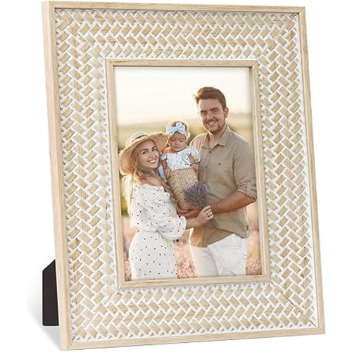 takfot Boho Picture Frames 5x7 Inch Rattan Decor Bohemian Rustic Style Carved Wood Photo Frame for Wall Mount or TableTop Display, Christmas Gifts for Mom Grandma Father Family Friends