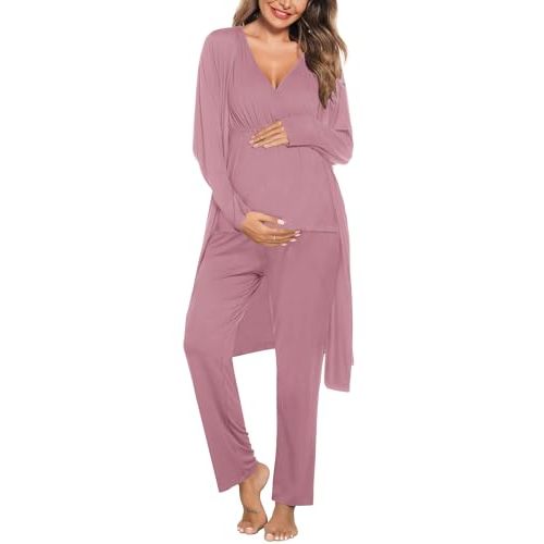 SWOMOG Maternity Nursing Robe Set 3 Piece Postpartum Breastfeeding Pajamas 3 in 1 Hospital Labor Delivery Pregnancy Pjs
