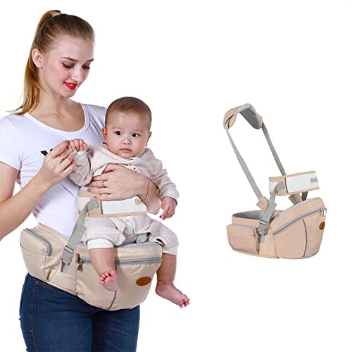 Baby Hip Seat Carrier Baby Waist Stool for Child Infant Toddler with Adjustable Strap Buckle Pocket Soft Inner Huge Storage (Khaki)